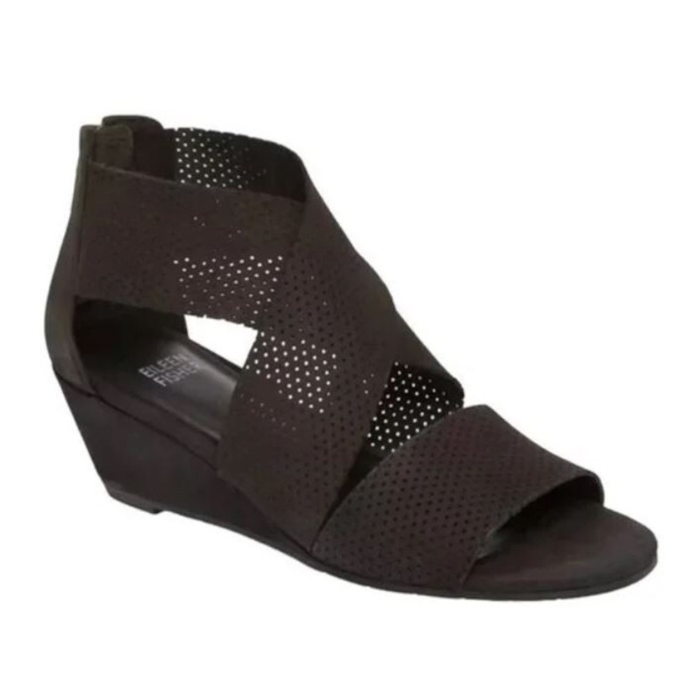 Eileen Fisher Black Sandals Kes 2 Sandals Perforated Nubuck Cross Strap Wedge 9